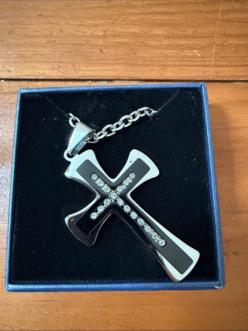 Stainless Steel Black Cross Pendant Necklace with Crystal Accents, NIB